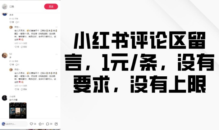 小红书评论区留言,1元条,没有要求,没有上限-网创星球