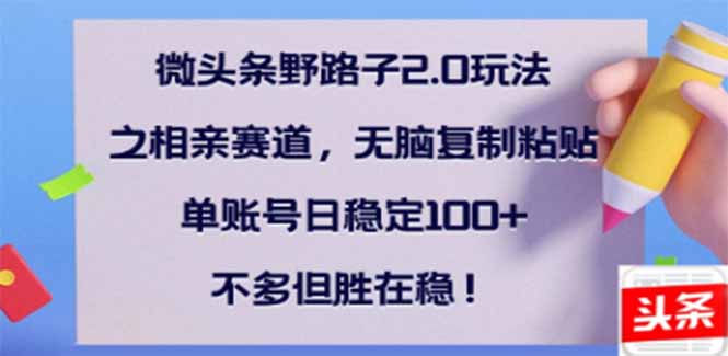 微头条野路子2.0玩法之相亲赛道,无脑搬砖复制粘贴,单账号日稳定300+…-网创星球