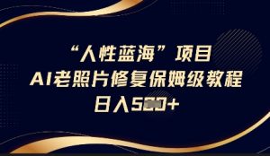 人性蓝海AI老照片修复项目保姆级教程,长期复购,轻松日入5张-网创星球
