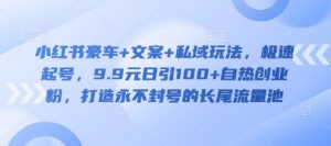 小红书豪车+文案+私域玩法,极速起号,9.9元日引100+自热创业粉,打造永不封号的长尾流量池-网创星球
