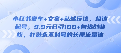 小红书豪车+文案+私域玩法,极速起号,9.9元日引100+自热创业粉,打造永不封号的长尾流量池-网创星球